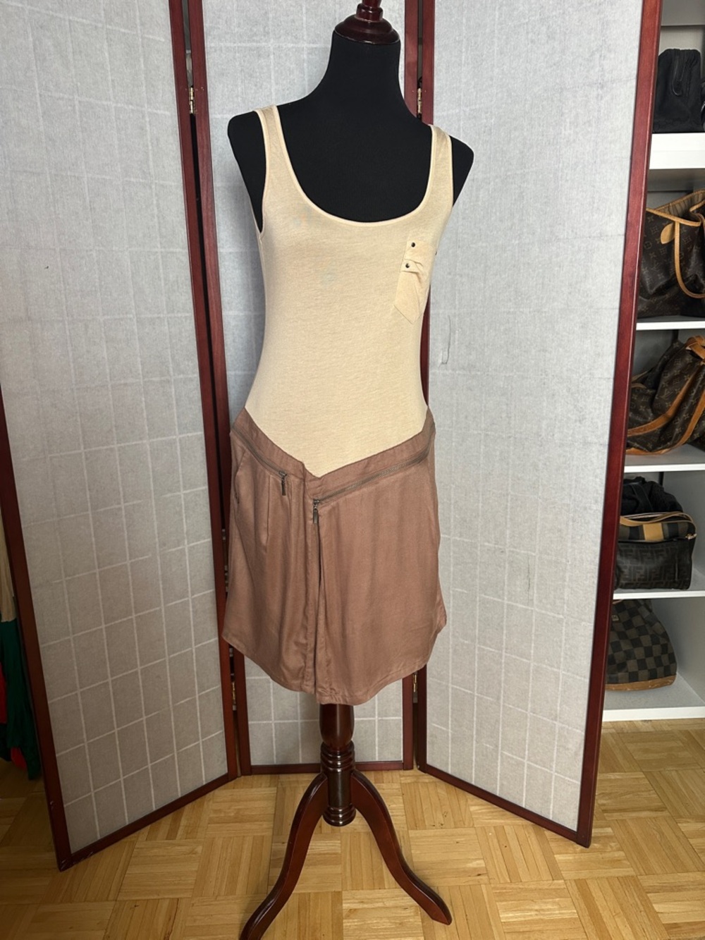 Beige and Taupe Two-Tone Mini Skirt Dress
